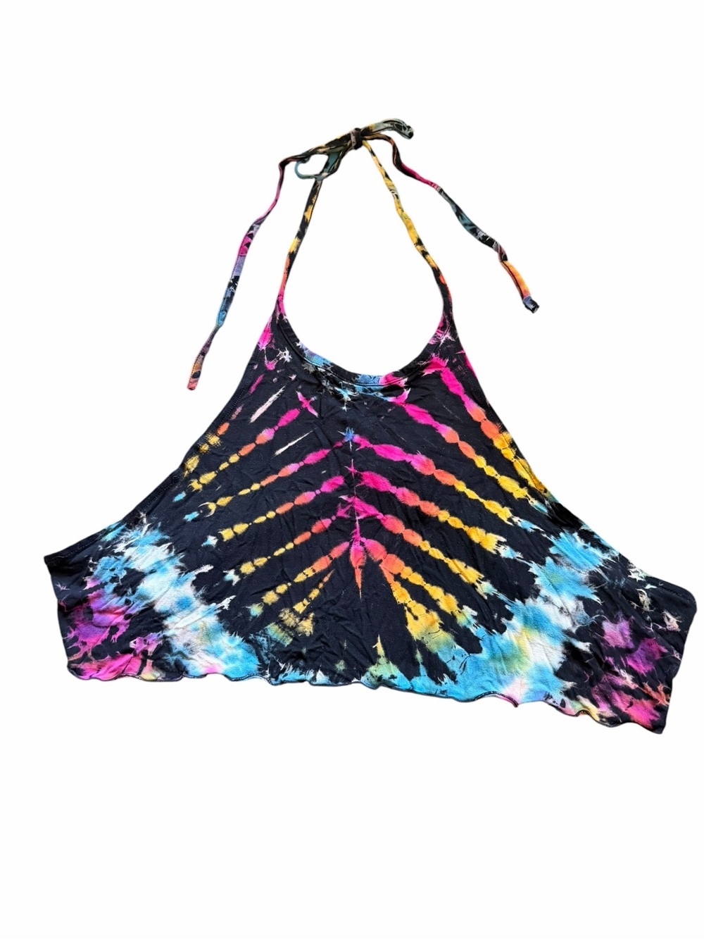 🌟Boho Hippie Black Tie-Dye Halter Tank Top with Pink, Yellow, Blue Accents